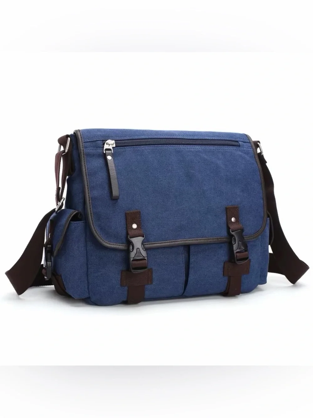 Men's Navy Canvas Messenger Bag with Brown Accents - Everyday Crossbody